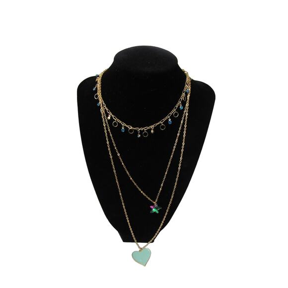 Blue Heart 3 Tiered Rhinestone Pendant Necklace Choker Chain Boho - Picture 1 of 6